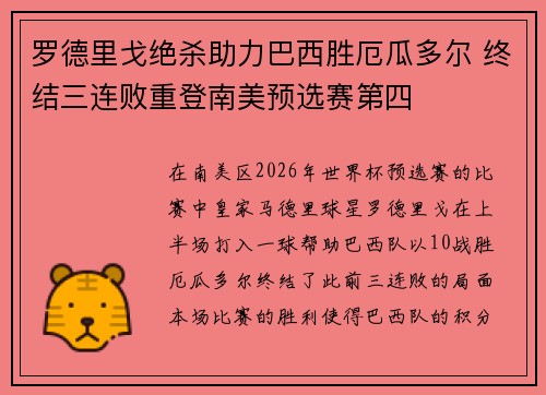 罗德里戈绝杀助力巴西胜厄瓜多尔 终结三连败重登南美预选赛第四