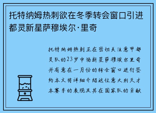 托特纳姆热刺欲在冬季转会窗口引进都灵新星萨穆埃尔·里奇