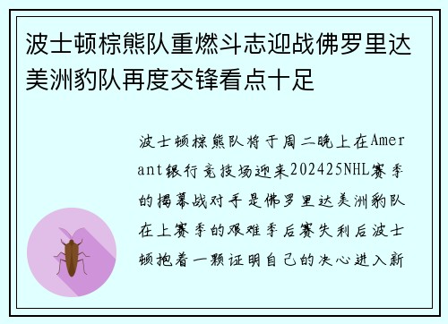 波士顿棕熊队重燃斗志迎战佛罗里达美洲豹队再度交锋看点十足